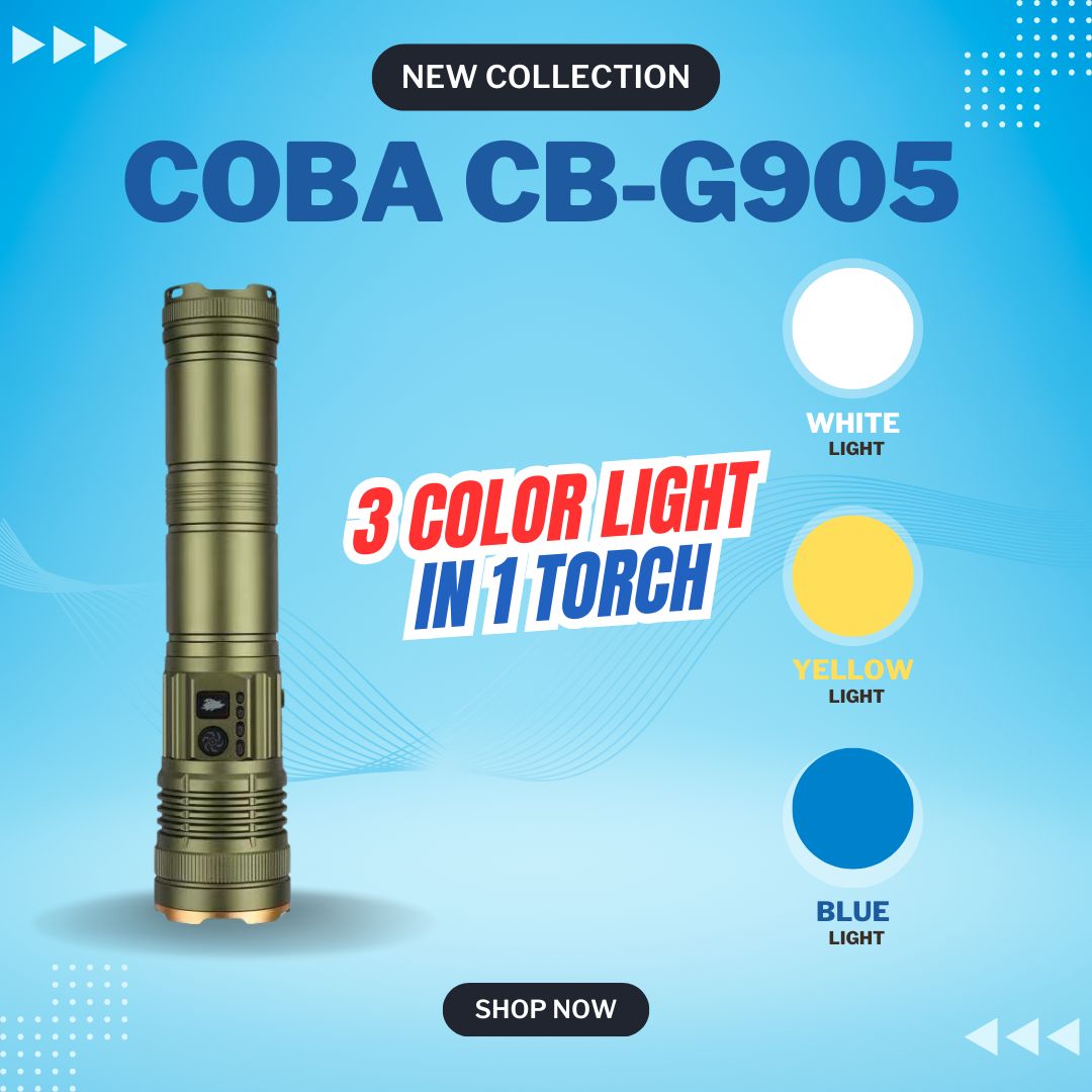 Cobra CB-G905 flashlight with 3 color light feature on a blue background