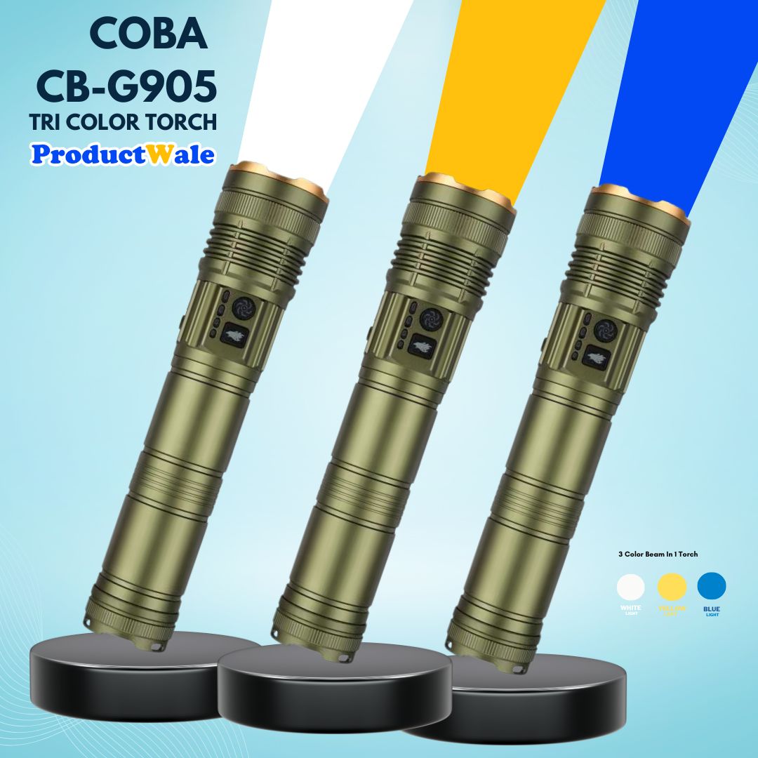COBA CB-G905 Tri-Color Torch with white, yellow, and blue beams on a light blue background.