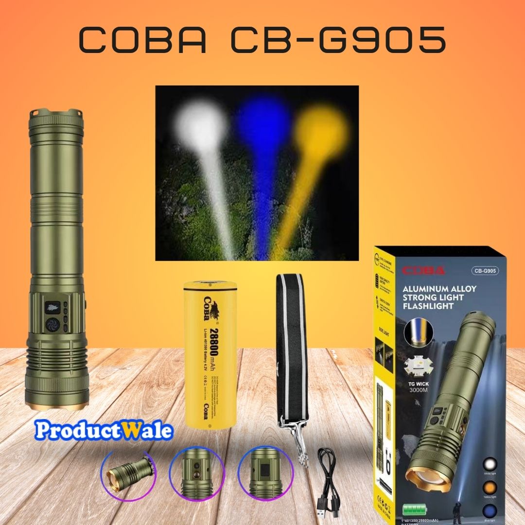 COBA CB-G905 flashlight with packaging, battery, and accessories on a wooden surface.