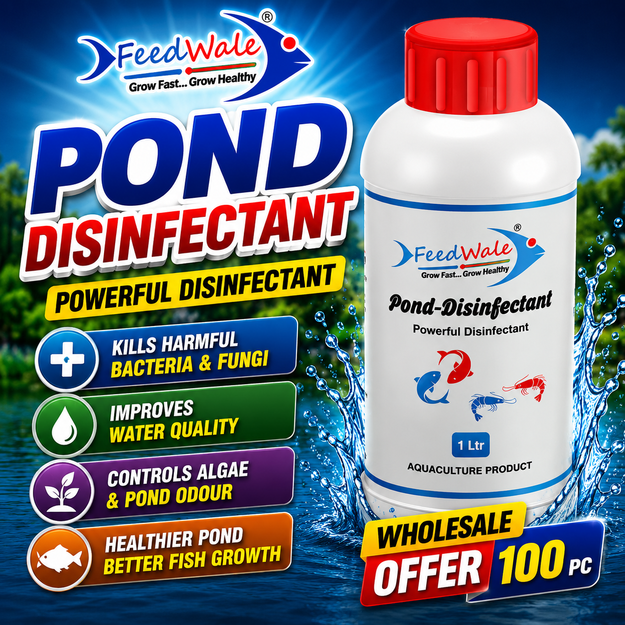 100Pc FeedWale Pond Disinfectant BKC 50% for Fish Farming