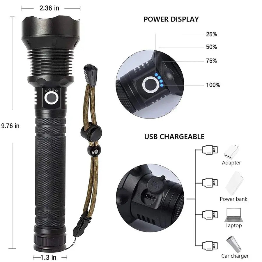 2km Long Range Rechargeable LED Flashlight Zoomable Torch by Small Sun