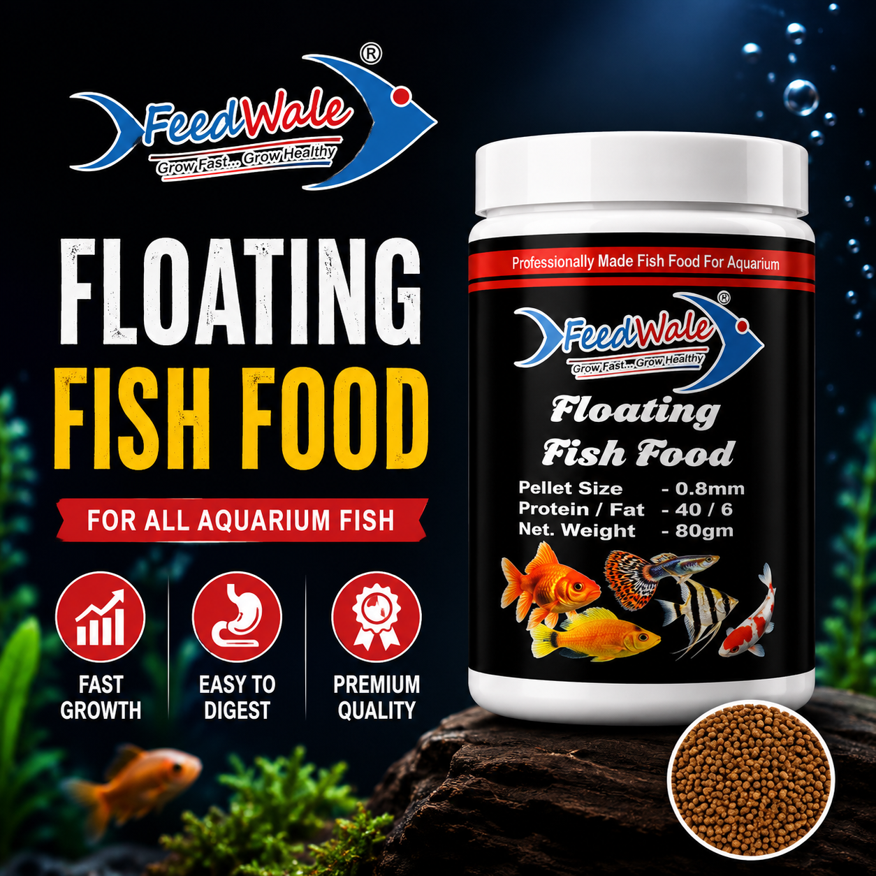 80gm Aquarium Fish Food 0.8mm Floating Pellets | High Protein Feed