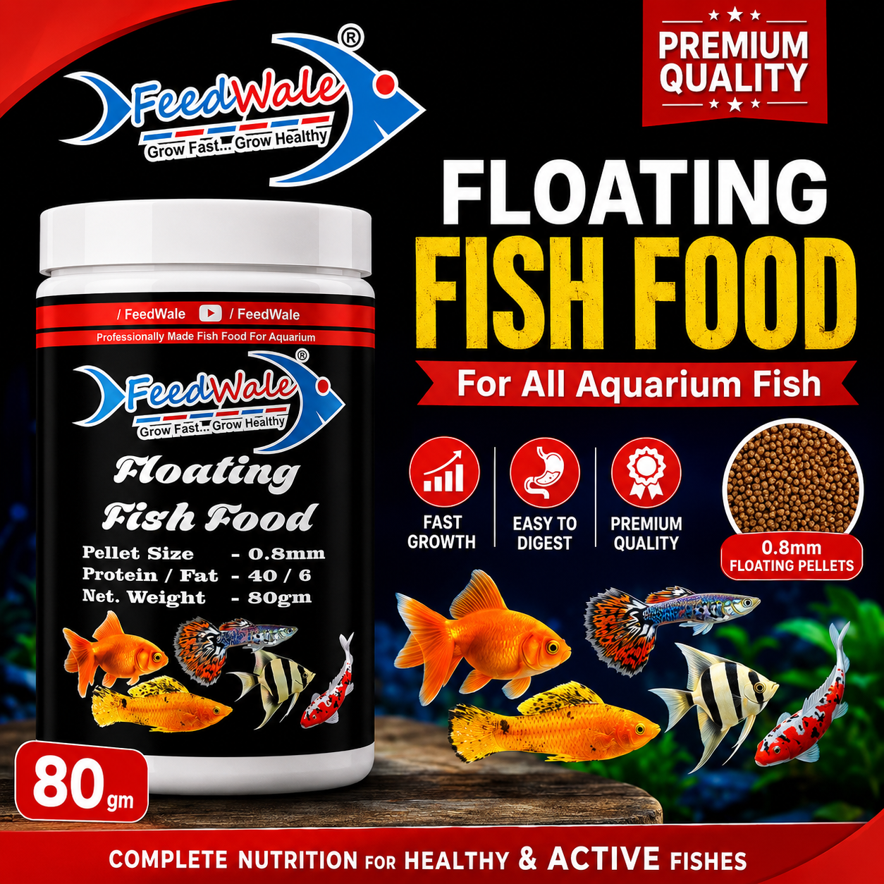 80gm Aquarium Fish Food 0.8mm Floating Pellets | High Protein Feed