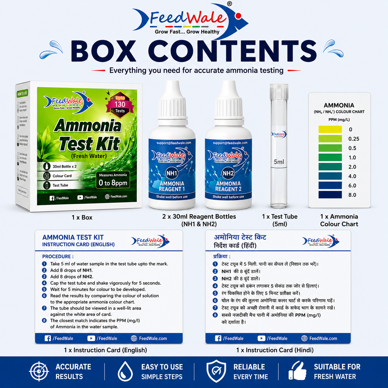 FeedWale Ammonia Test Kit for Fresh Water – 130 Test