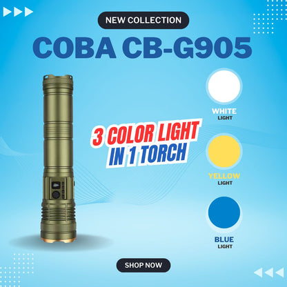 Cobra CB-G905 flashlight with 3 color light feature on a blue background