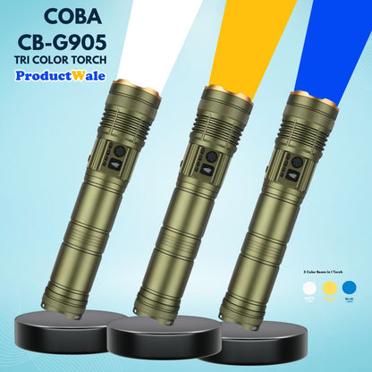 COBA CB-G905 Tri-Color Torch with white, yellow, and blue beams on a light blue background.